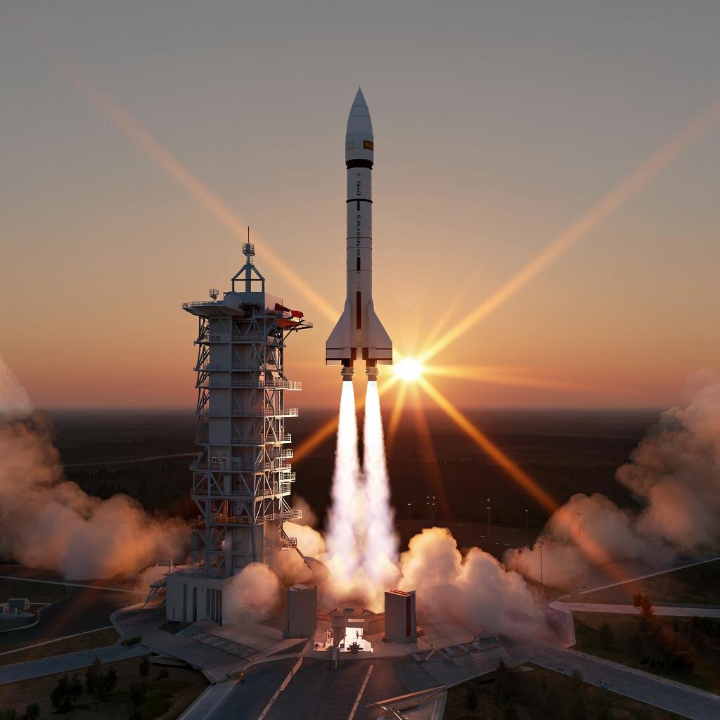 Момент запуска ракеты-носителя с космодрома. Ракета поднимается в небо, оставляя за собой яркий след пламени и облака дыма. Солнце находится низко над горизонтом, создавая эффектные лучи света, которые проходят через дым.