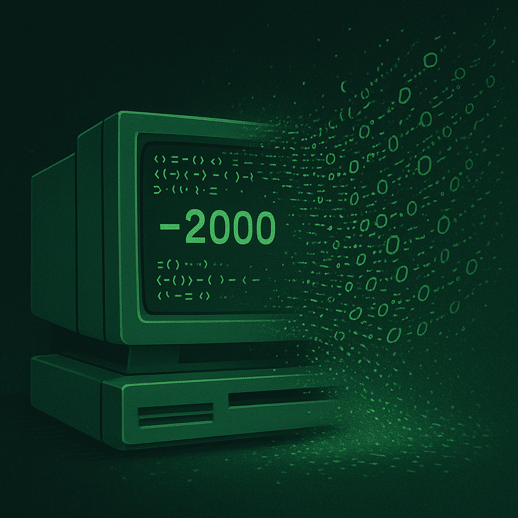 Винтажный компьютер Lisa словно растворяется, превращая строки кода в светящиеся зелёные «нули»-частицы, уносящиеся вихрем — визуальный символ того, как Билл Аткинсон «стер» лишние 2000 строк QuickDraw, сделав программу быстрее и чище.