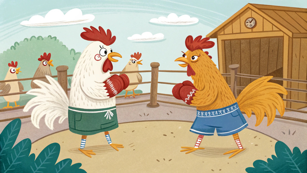 Забавная сцена: две куры с распушёнными перьями стоят друг напротив друга в курятнике, словно боксёры на ринге