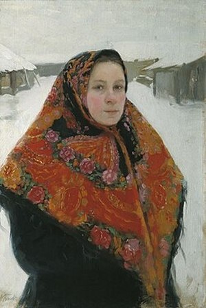 Л. В. Попов «Портрет жены в пёстром платке», начало XX века.
