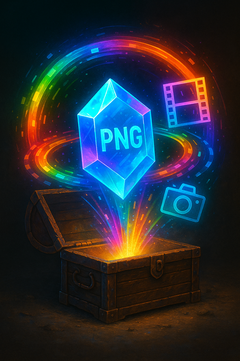 Из древнего сундука вырывается неоновый кристалл-«файл» PNG, окружённый радужным вихрем — символы плёнки и диафрагмы намекают на HDR, анимацию и Exif, возвращая формату свежесть после 20-летнего затишья.
