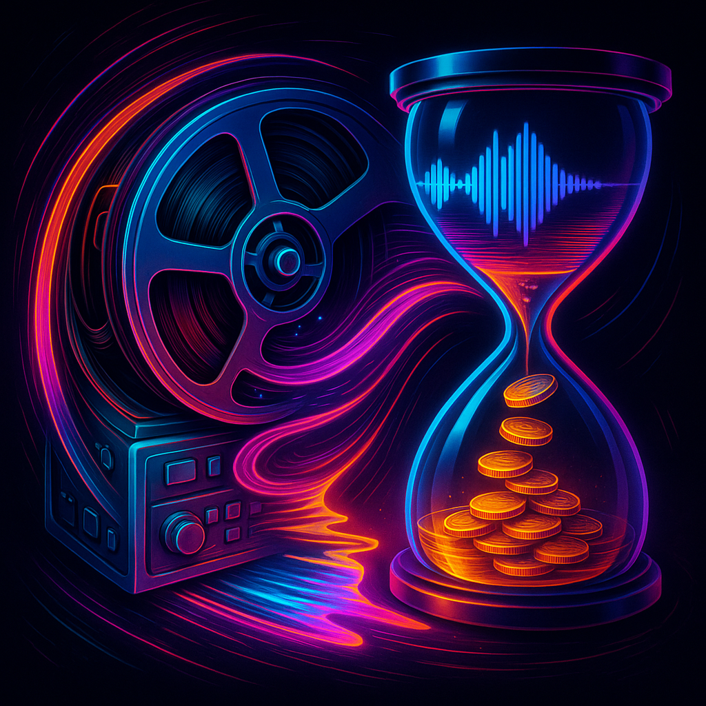 Звуковая дорожка перетекает из катушек магнитофона в неоновый песок-волны внутри футуристических «песочных часов», превращаясь в золотые монеты — аллегория того, как ускорение аудио экономит время и деньги при транскрипции.
