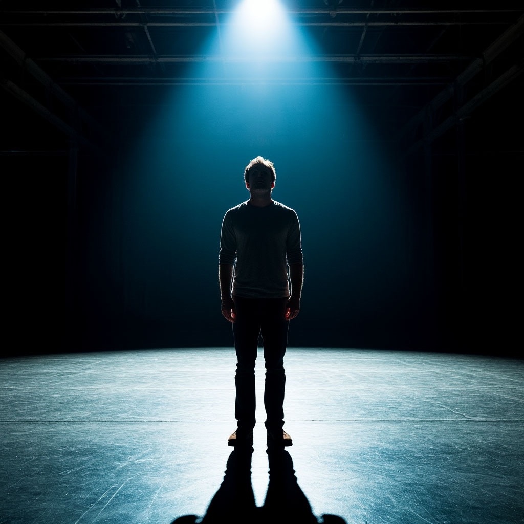 Человек стоит  один в центре пустой, темной сцены (театр, склад). На него падает луч яркого прожектора