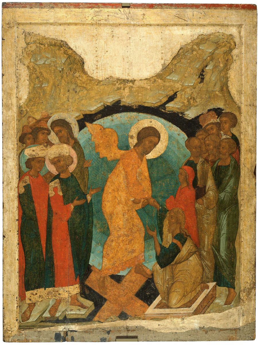 Икона из «Васильевского чина» (1410-е годы). Стоя на скрещенных створках врат ада, Христос взял за руку Адама, представленного справа преклонившим колено в своей каменной гробнице. За Адамом выпрямилась маленькая Ева в красной одежде. Сейчас икона хранится в Третьяковке. Источник icon-art.info