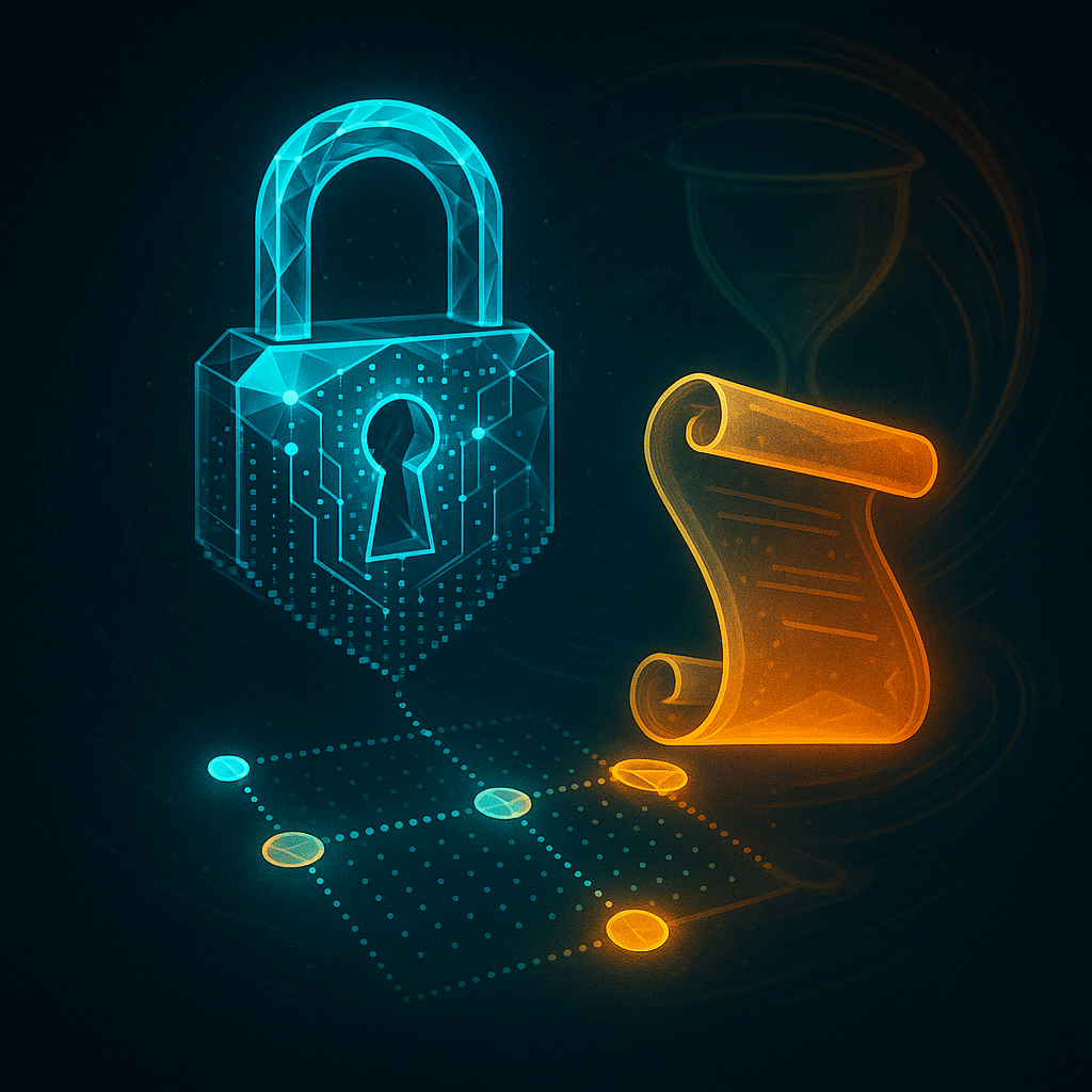 Неоновый замок из «пиксельных» сетей завис над решеткой светящихся узлов — позади мерцает силуэт песочных часов, а рядом парит янтарный свиток-сертификат. Технологическая фантазия о том, как Let’s Encrypt вскоре начнёт выдавать короткоживущие IP-сертификаты.