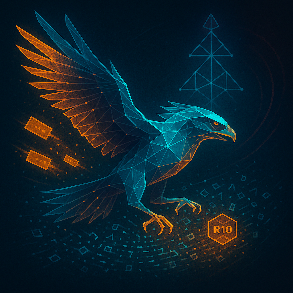 Неоновый «рафтор» из треугольных граней мчится сквозь тёмный цифровой эфир, разбрасывая оранжево-бирюзовые пакеты данных; в фоне мерцает голограмма Меркл-дерева — визуальная метафора стремительной и надёжной доставки блоков RaptorCast.