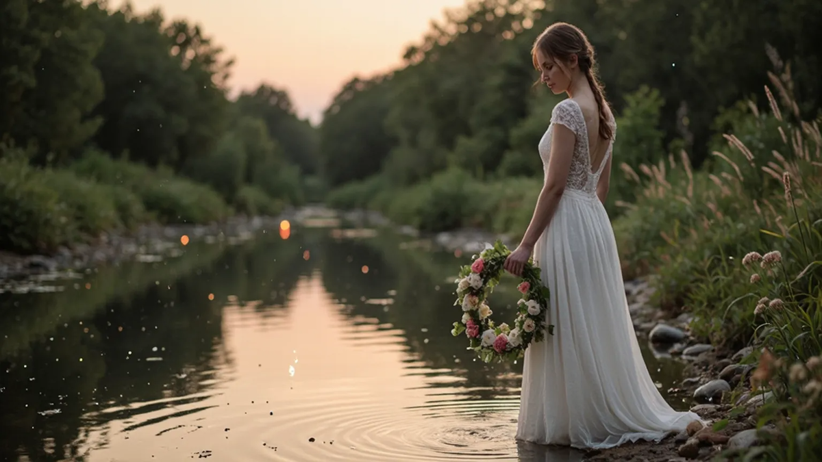 Девушка готовиться опустить венок в реку и совершить обряд в ночь на Ивана Купала.