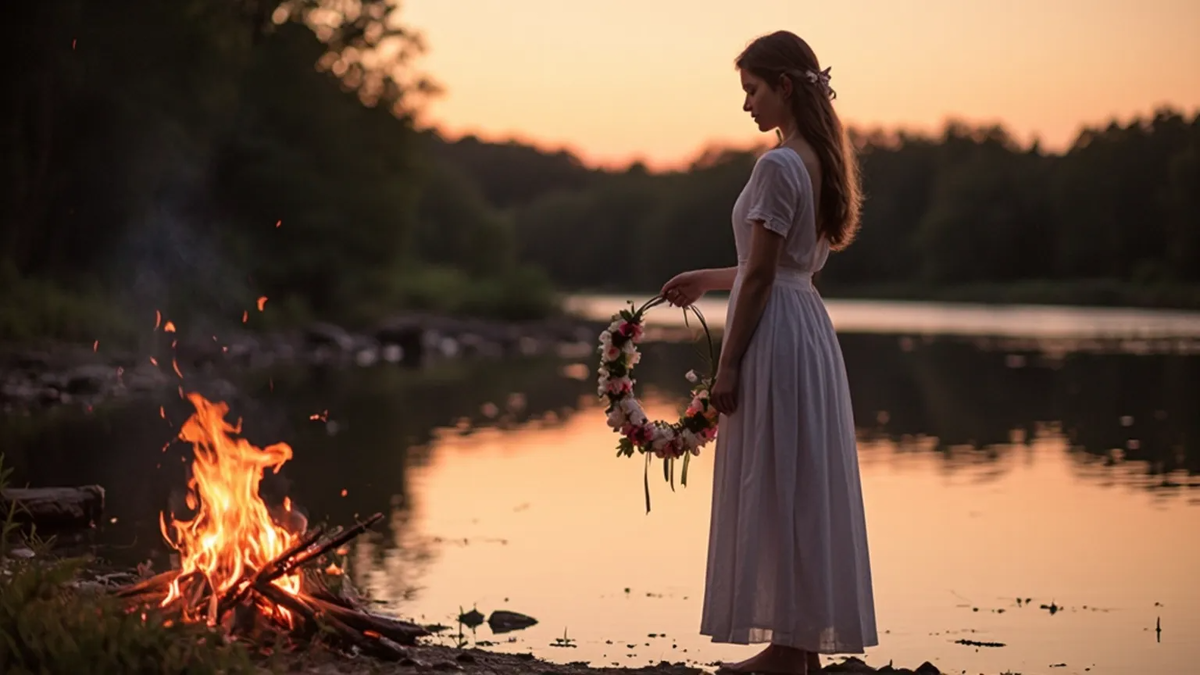На снимке часть обряда пусканья венков, который девушки делают в ночь на Ивана Купалы.