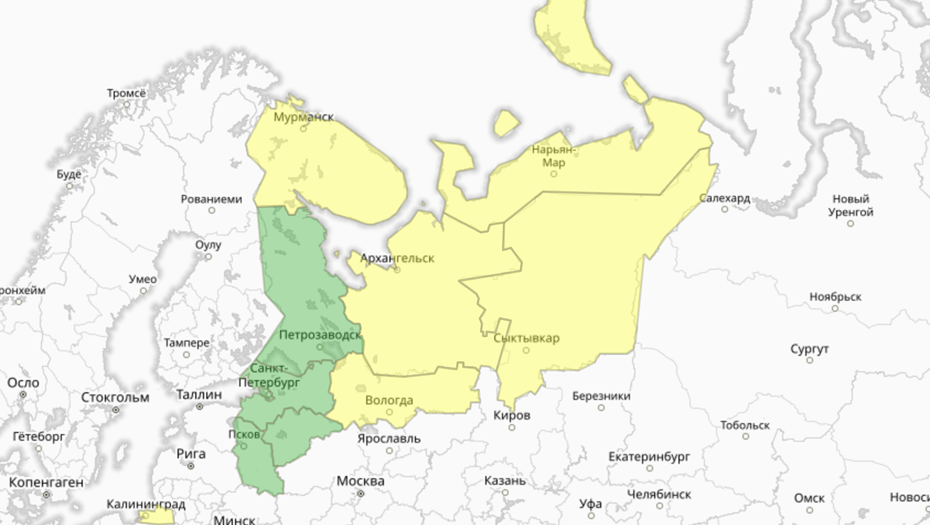    Прогностическая карта предупреждений для СЗФО Автор фото: meteoinfo.ru