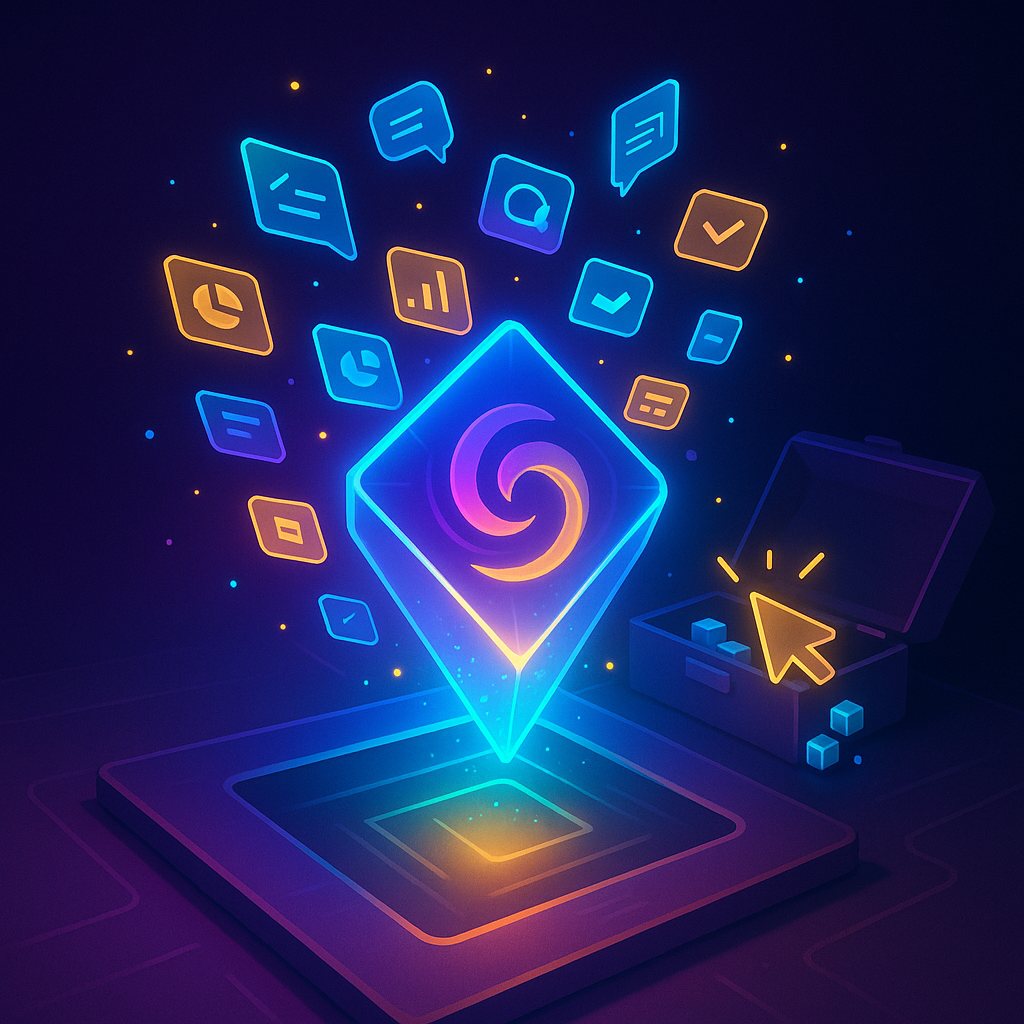 Из сияющего гексагонального портала вылетают неоновые иконки-приложения, будто светлячки—намёк на то, как Claude превращает идеи в готовые AI-артефакты без развёртывания и серверных хлопот.