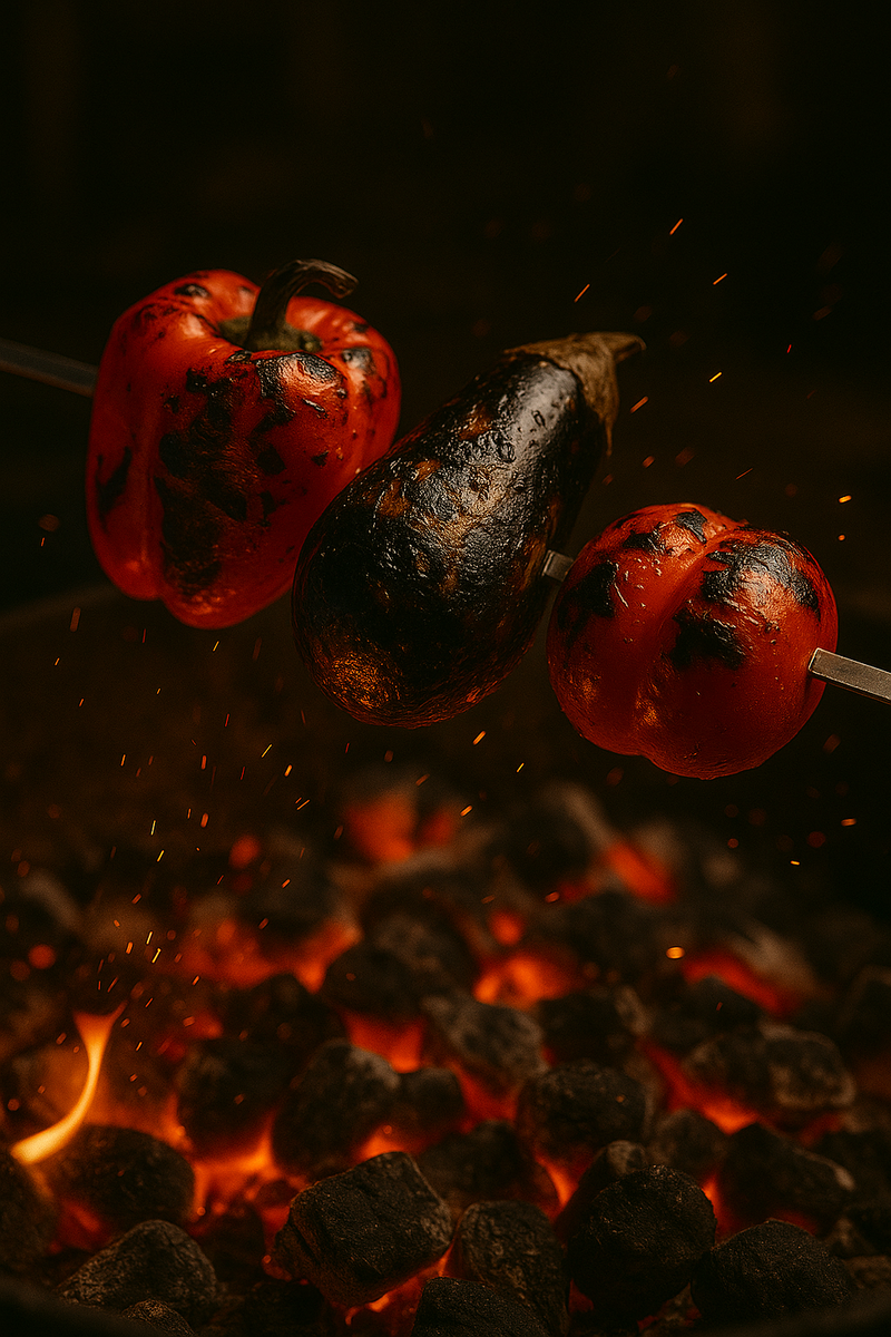 1. Обжариваем овощи на мангале (или в духовке/на гриле) до мягкости и небольшой подгорелости — это и есть весь кайф.