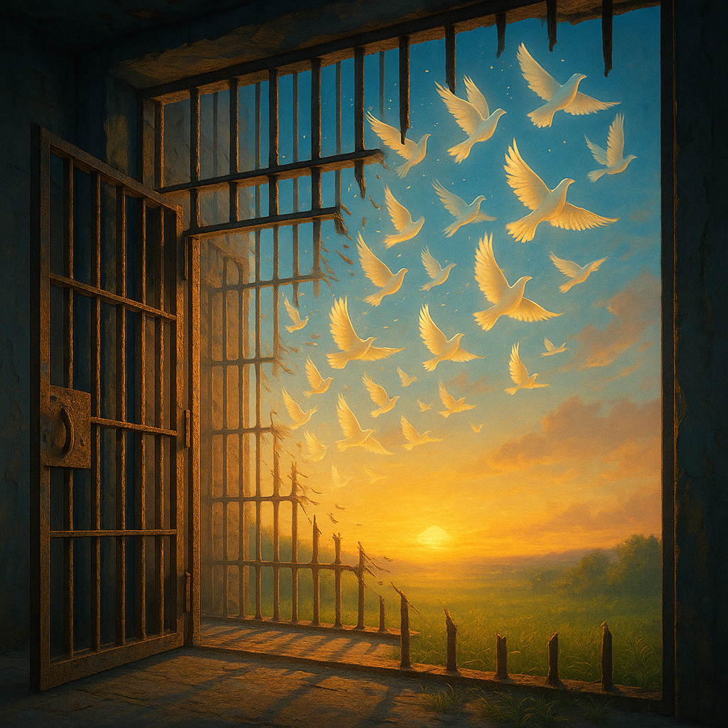 Ржавые тюремные решётки превращаются в стаю светящихся голубей, устремляющихся к рассвету — символ того, как падающий уровень заключения открывает двери к свободе и новым возможностям для общества.