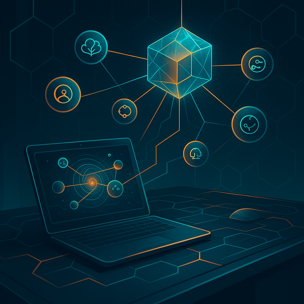 Сияющий куб-«центр» соединяет неоновые сферы-модели с рабочим ноутбуком в палитре Solarized Dark — визуальная метафора того, как LM Studio теперь хостит MCP-серверы и объединяет локальные ИИ-языки в единую сеть.