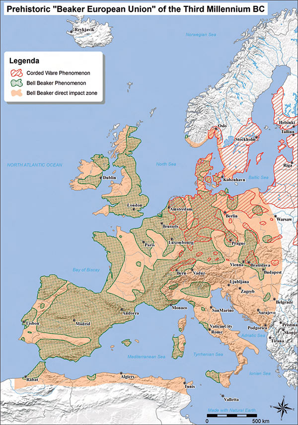 Карта распространения культур колоколовидных кубков и шнуровой керамики в Европе.
Источник: Турек, Я. (2019). Эстетика и престиж лучного дела в период культуры колоколовидных кубков // Делибес, Г., Герра, Э. (ред.). Мадрид: Региональный археологический музей, 2019.