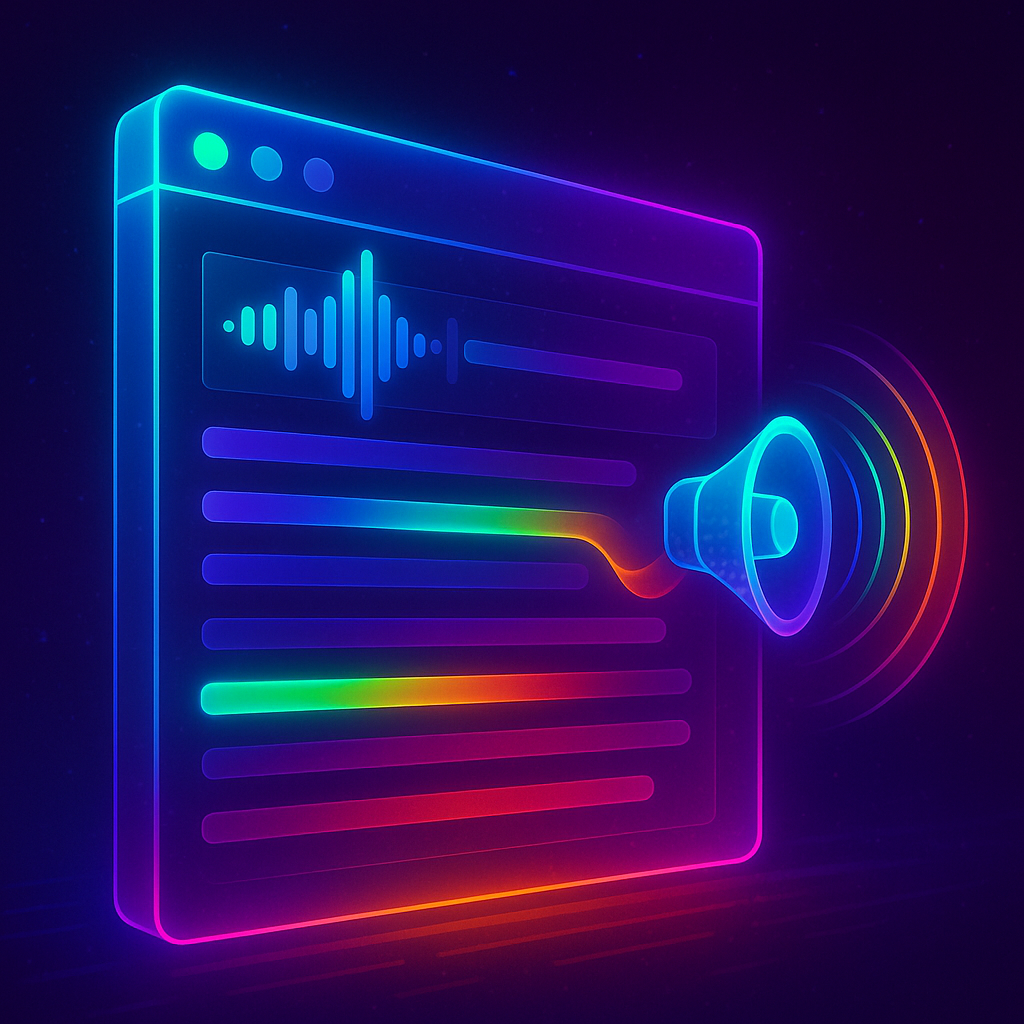 Яркое неоновое браузерное окно парит в космосе; строки-блоки подсвечиваются бегущей радугой, а из голографического динамика расходятся разноцветные звуковые волны.