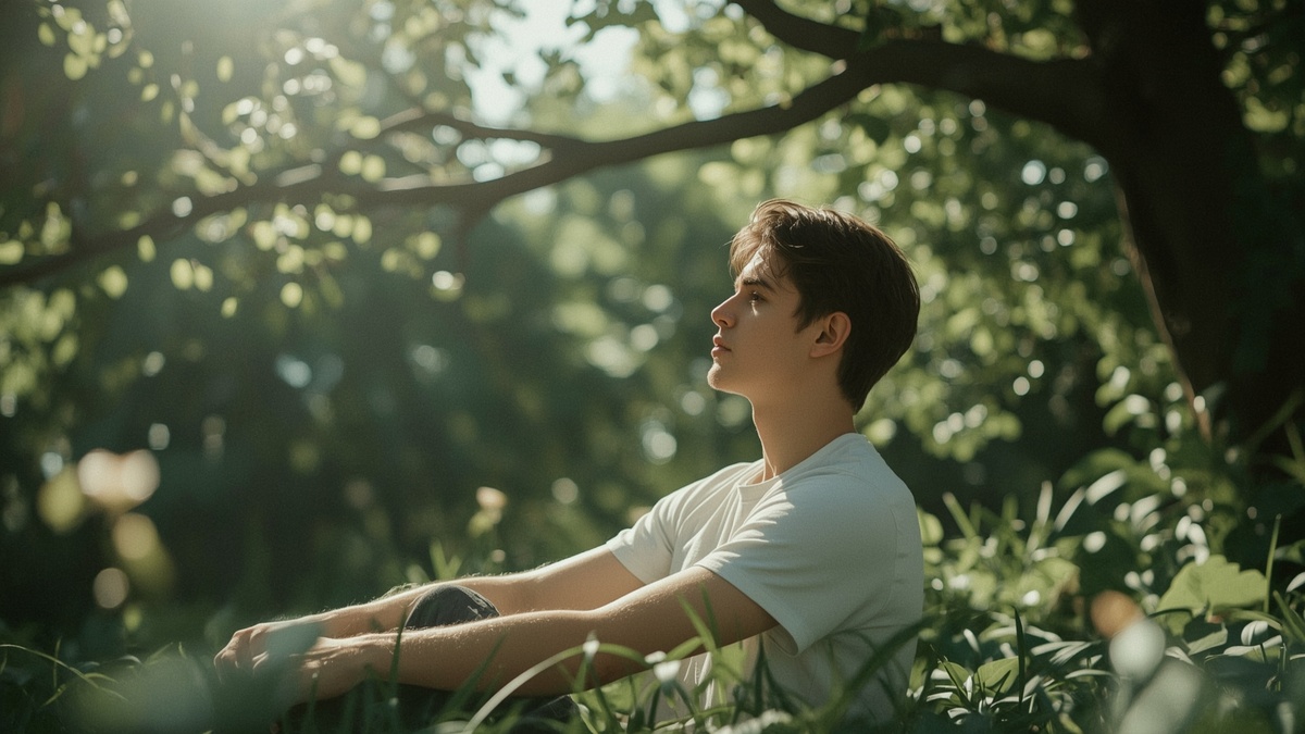    Молодой человек на природе дышит свежим воздухом, солнечные лучи пробиваются сквозь деревья, ощущение лёгкости и свободы