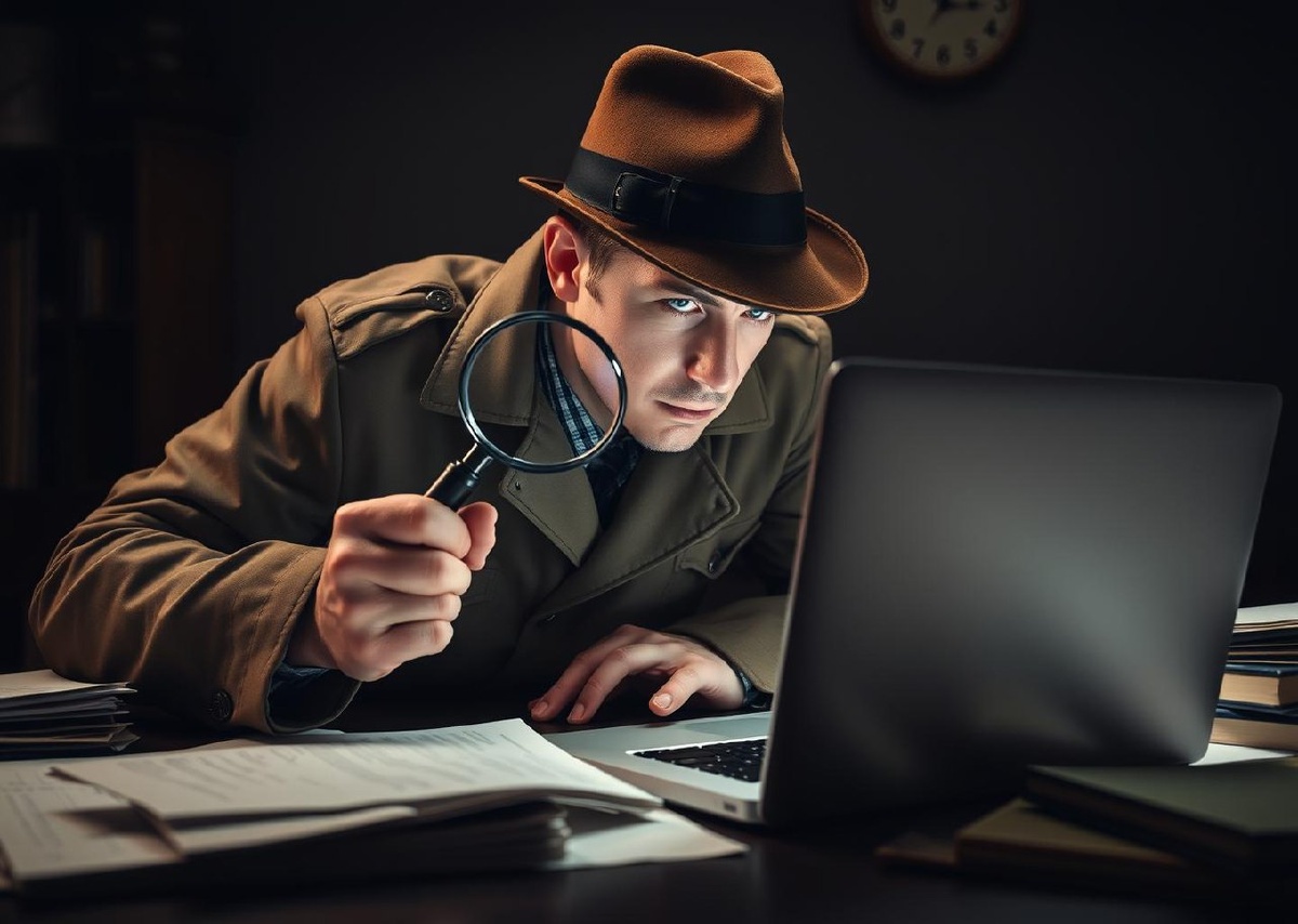 Детектив с лупой, рассматривающий ноутбук