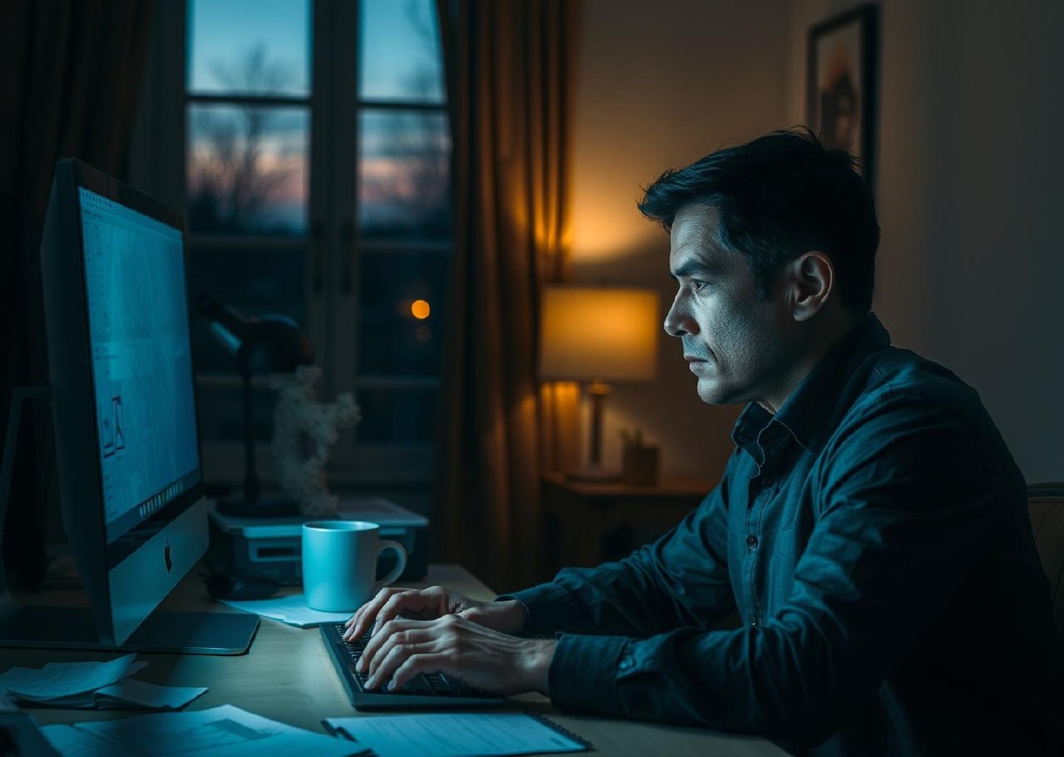 Человек, который получает подозрительное письмо и задумчиво смотрит на экран