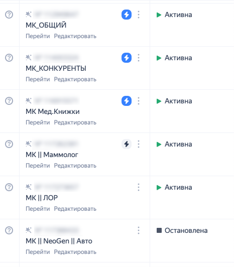 Скрин из Яндекс Директ: запущенные рекламные кампании