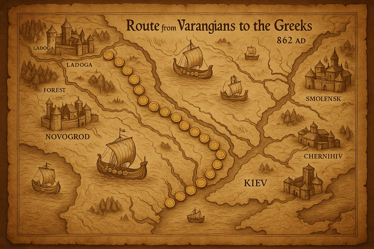 Историческая карта торгового пути "из варяг в греки" с отмеченными ключевыми городами Новгород, Смоленск и Киев