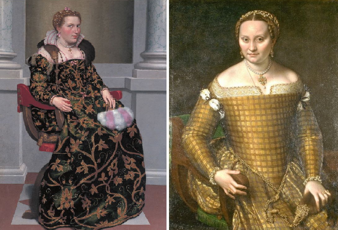 Слева - портрет Изотты Брембати кисти Джованни Баттиста Морони, XVI в. (аксессуар уютно устроился на шее); справа - портрет Бьянки Понцони кисти Софонисбы Ангишолы, XVI в. (обратите внимание на руку)