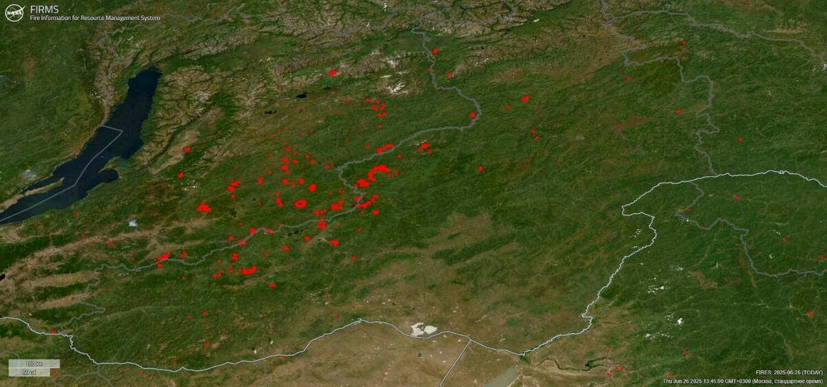  Пожары в Забайкалье и Бурятии на спутниковых снимках. Фото: NASA FIRMS