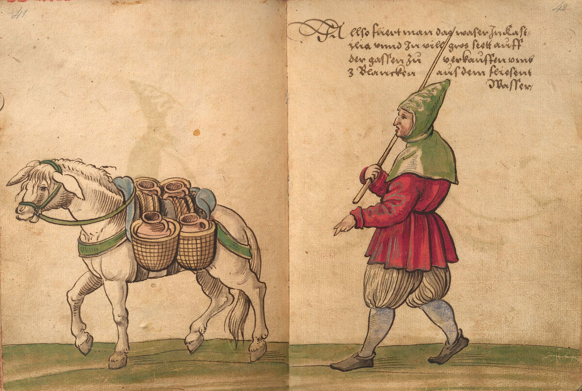 "Традиционная книга" Кристофа Вайдица, Германский национальный музей в Нюрнберге, Hs. 22474. Bl. 41-42 Кастильский продавец воды. By Christoph Weiditz the Elder - http://dlib.gnm.de/item/Hs22474 (manipuliert, um das Buch in Doppelseiten anzuzeigen).