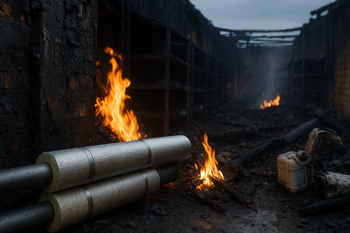 Уцелевшие трубы в изоляции из каменной ваты при пожаре