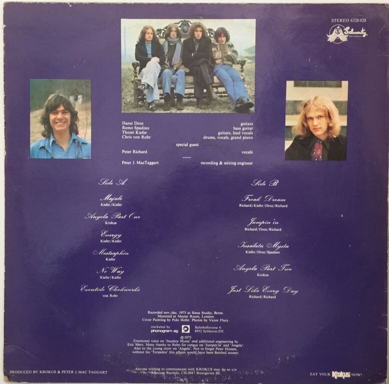 Задняя сторона конверта альбома "Krokus", 1976 г.