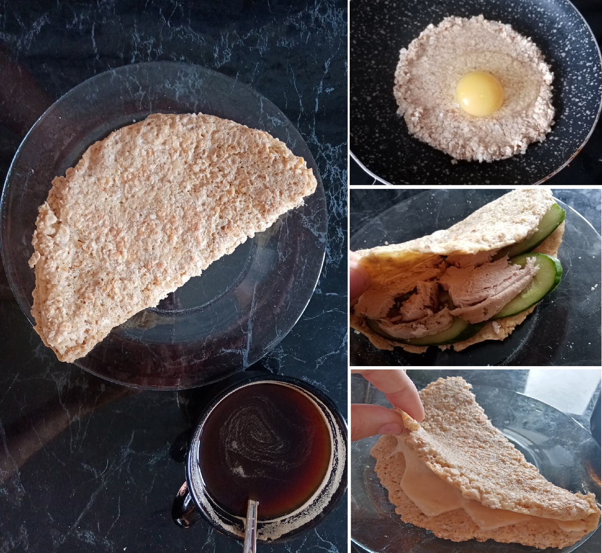 Несколько вариаций утреннего сытного овсяноблина: с яйцом, с курицей, с сыром.