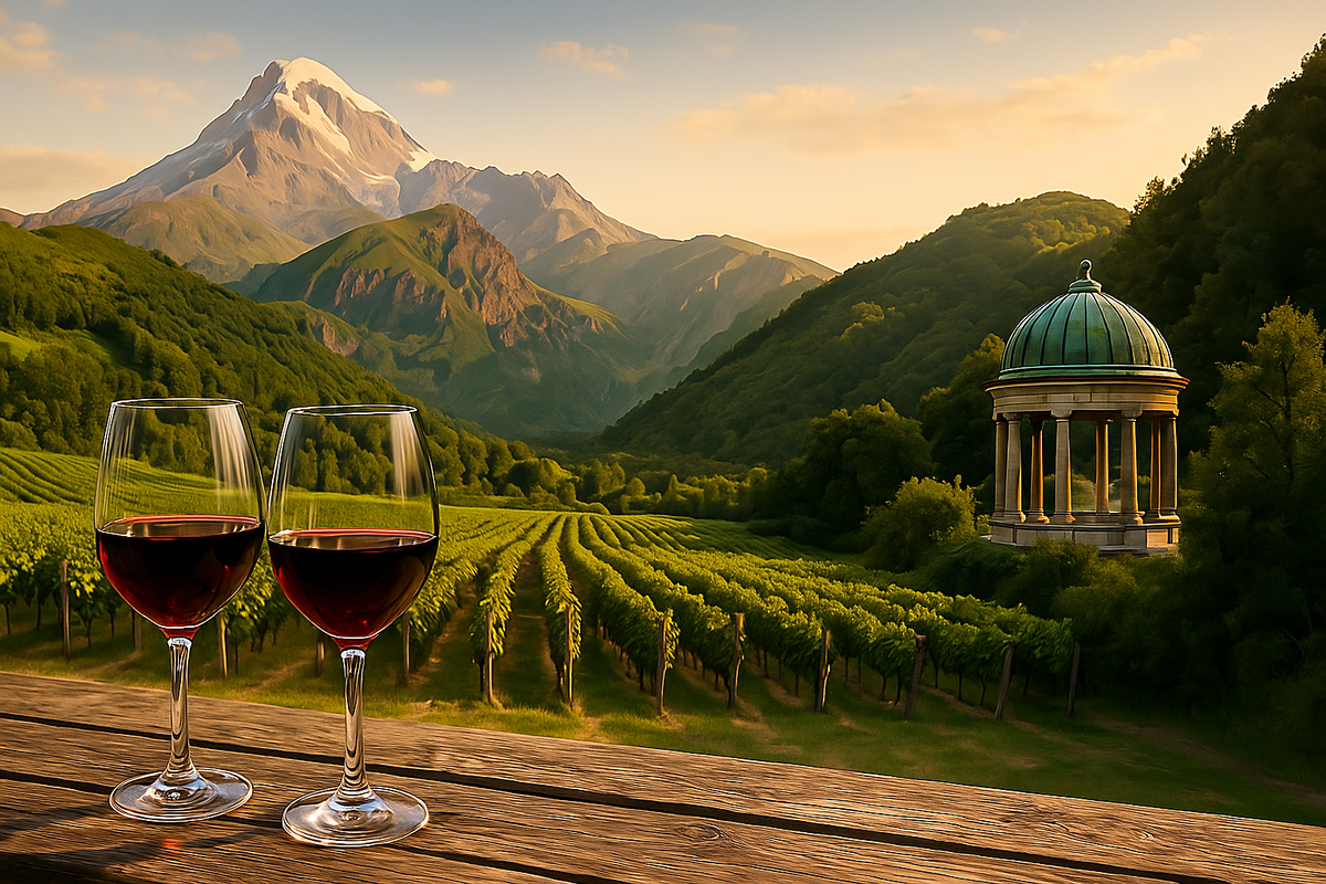Пейзаж Грузии, символизирующий тур по Кахетии, Казбеги и Боржоми с дегустациями