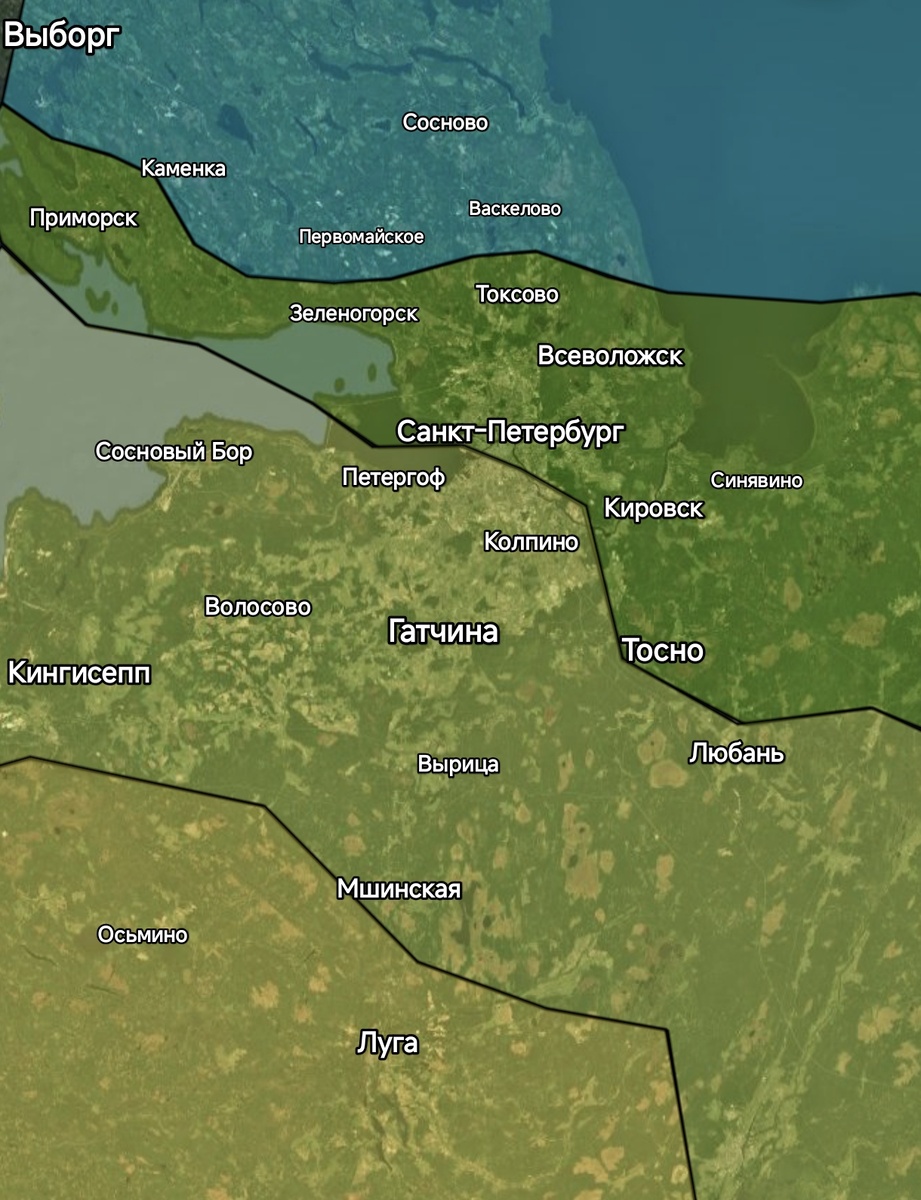 Карта климата в западной части Ленобласти. Чем цвет ближе к жёлтому, тем теплее 