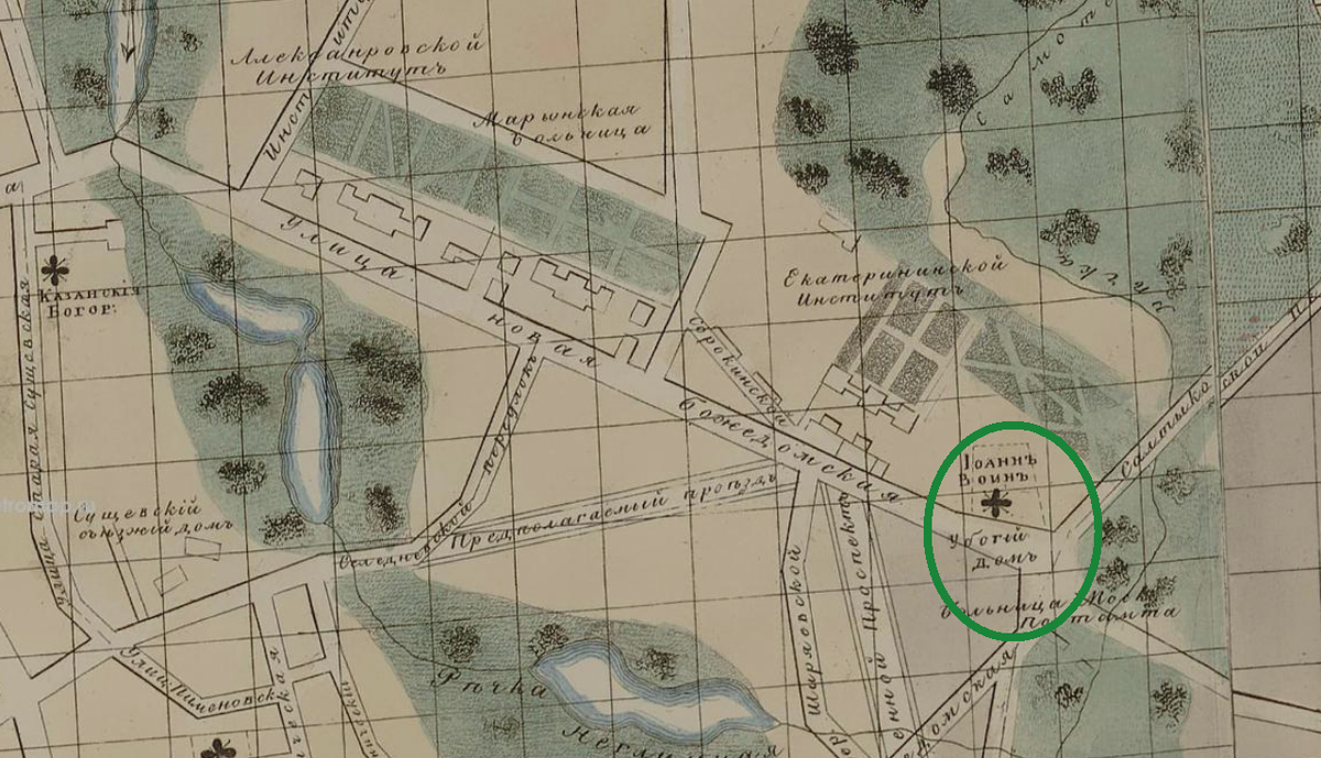 Храм Иоанна Воина у Божьего дома на карте 1843 года (Новая Божедомская сегодня улица Достоевского)