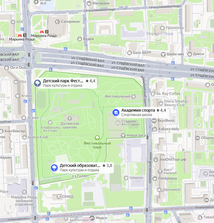 Границы парка: Сущевский вал, улицы Трифоновская и Советской Армии, Олимпийский проспект