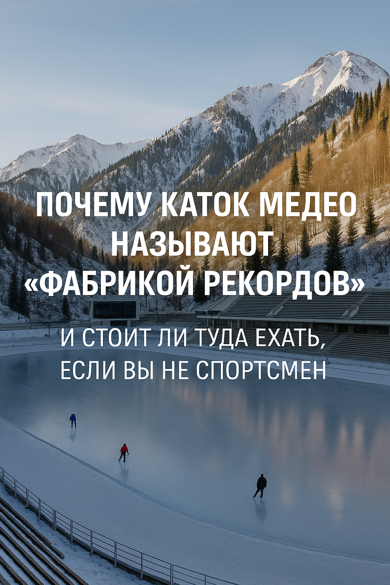 Каток Медео, Алматы, на фоне гор. Утренний свет, лед блестит, несколько человек на коньках, вдали — заснеженные склоны. Атмосфера — спокойствие и наслаждение.