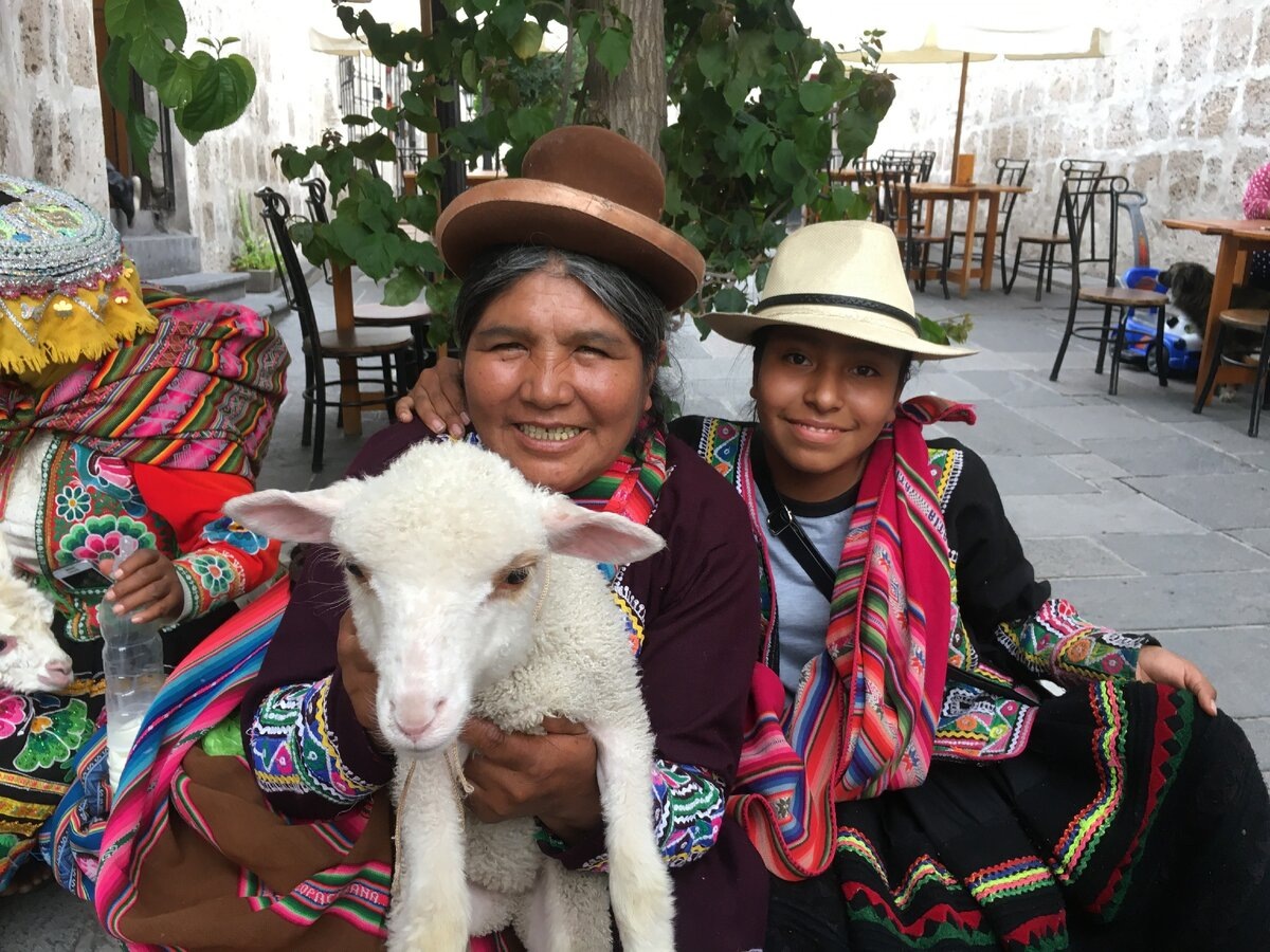 Перуанские индейцы с детёнышем альпаки. Арекипа, Перу. Фото автора