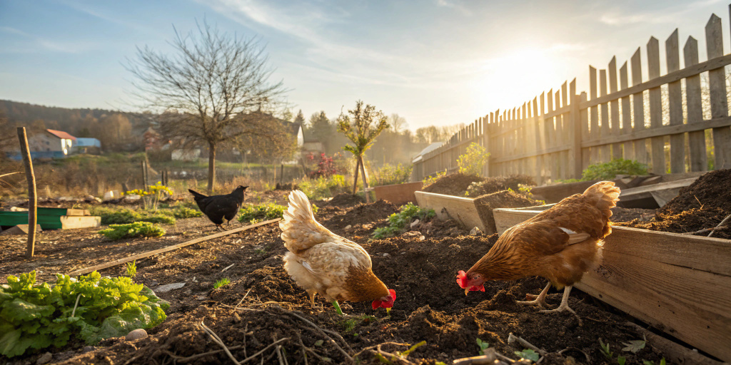 Куры роются в компостной куче, выискивая червяков