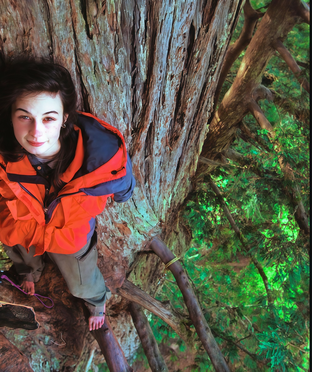 Джулия на ветвях секвойи Луны. Мне кажется, эта фотография очень наглядно демонстрирует размер дерева - а ведь Луна далеко не самая старая и большая секвойя.