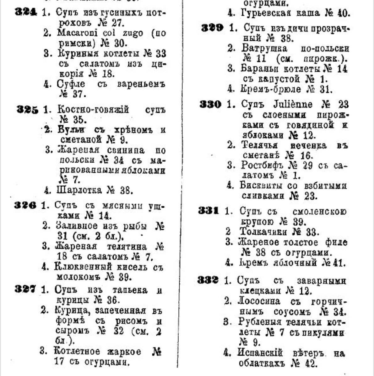 Скоромное меню. Из книги А.Н. Толиверовой «Поваренная книга для молодых хозяек».  1880