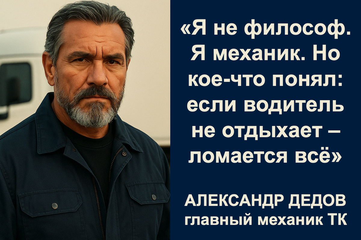 Дедов Александр Васильевич, главный механик транспортной компании. Более 600 машин в парке, 20 лет опыта, а до этого сам дальнобойщик.