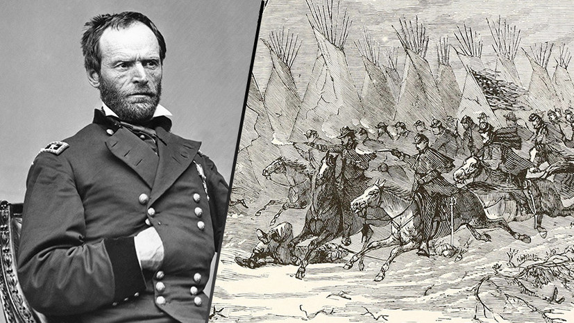     Генерал США Уильям Шерман / Американская кавалерия атакует индейскую деревню Gettyimages.ru Bettmann / Public Domain