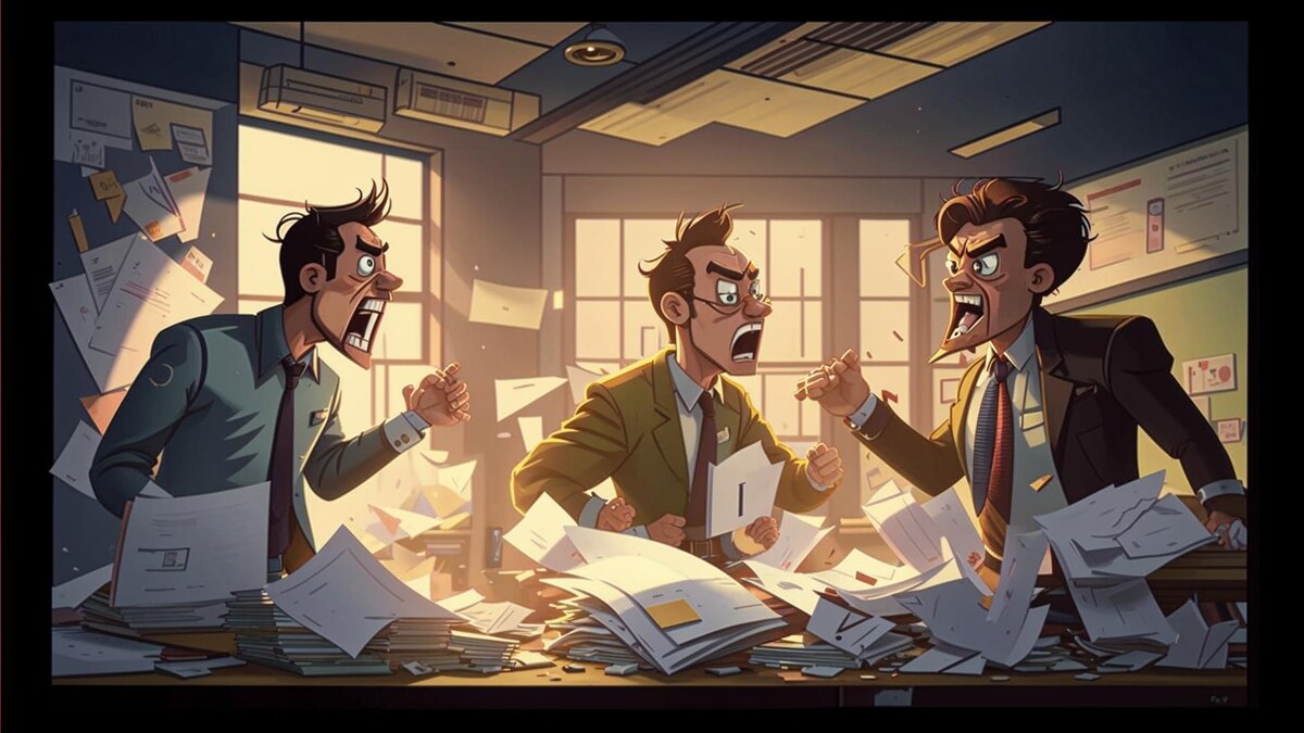 Конфликты - один из сигналов о возможном эмоциональном выгорании коллеги. Изображение сгенерировано с помощью Kandinsky 3.1