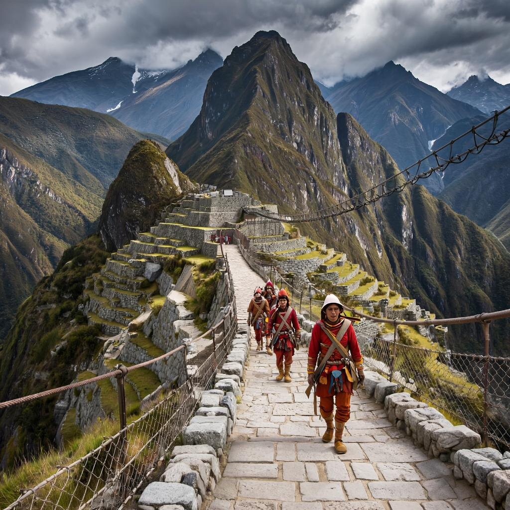 Древняя дорога инков, вьющаяся через Анды, с вымощенными камнем тропами, подвесными мостами через глубокие овраги и часки (бегунами инков) в традиционной одежде 