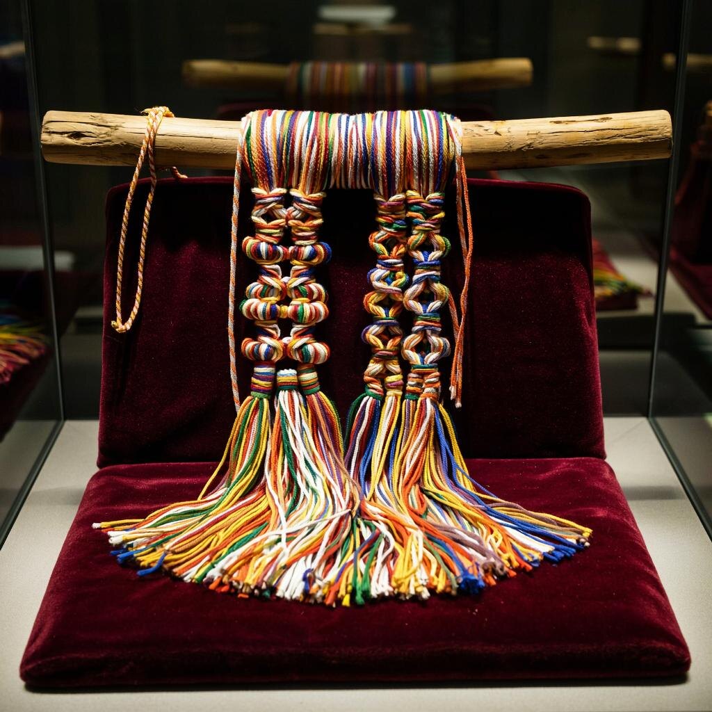 Крупный план традиционного кипу инков: цветные нити со сложными узлами, свисающие с деревянной перекладины, детализированные текстуры