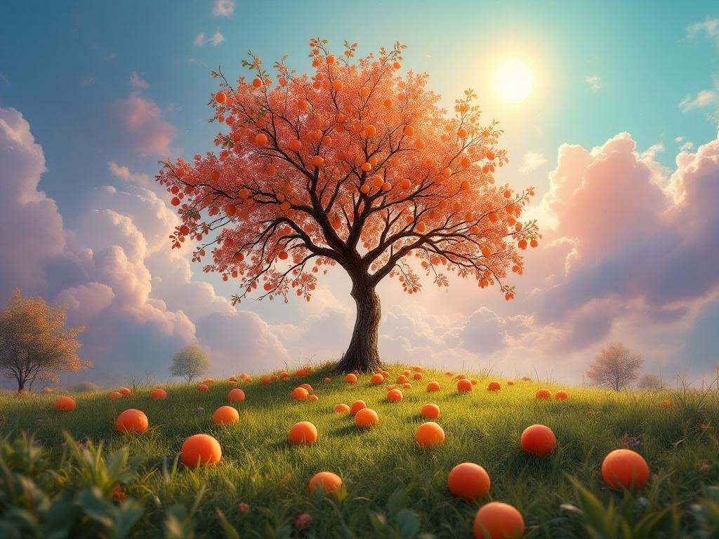    К чему такое снится: На картине изображено абрикосовое дерево в полный солнечный день. Некоторые спелые абрикосы висят на ветках, другие разбросаны по зеленой траве под деревом. Вокруг д