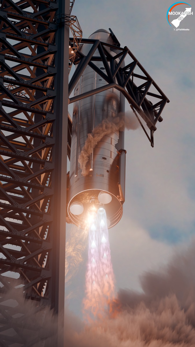 В итоге SpaceX планирует ловить и корабль. Рендер FishMooka  📷
