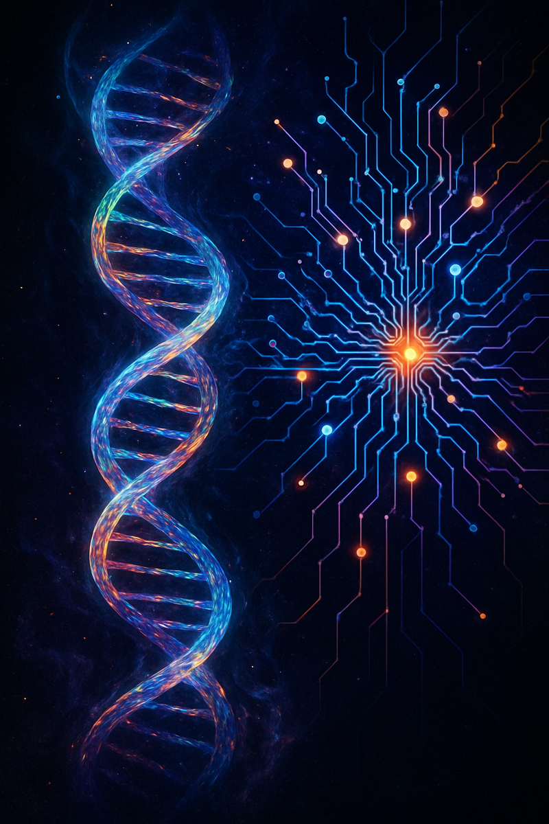 Абстрактная ДНК, переходящая в сияющую цифровую нейросеть на фоне космоса.