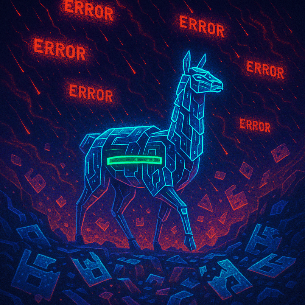 Неон-целеустойчивая «ламА» шагает сквозь ливень красных «ERROR» и обломки чекпойнтов — аллегория обучения, которое не сбить даже тысячами сбоев.