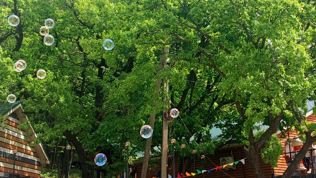 Простые мыльные пузыри радуют не только детей. Мамочки наших 9-классников смеялись и хотели непременно сфотографироваться с этими радужными шариками