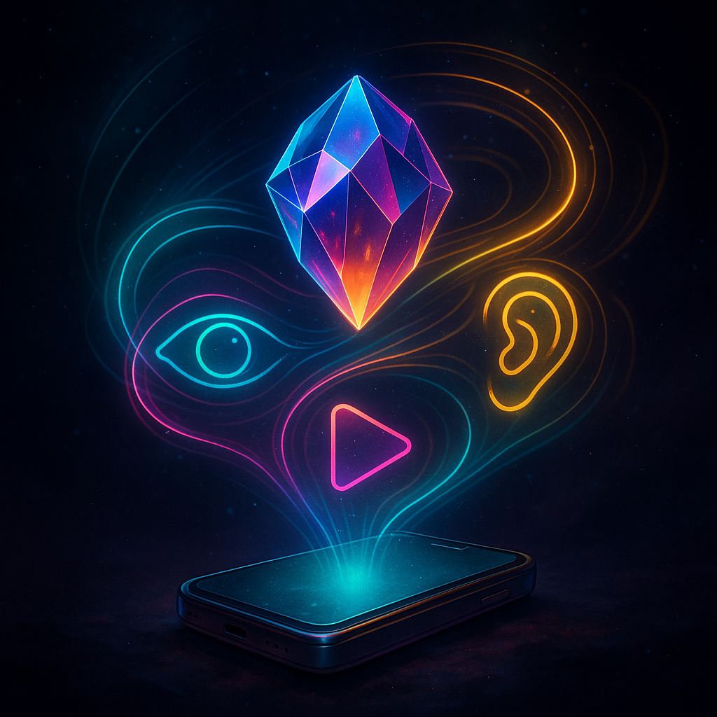 Светящийся кристалл-«Gemma» парит над смартфоном, излучая неоновые потоки, что превращаются в символы глаза, уха и кнопки «play» — визуальный образ компактной мультимодальной ИИ-модели для маломощных устройств.